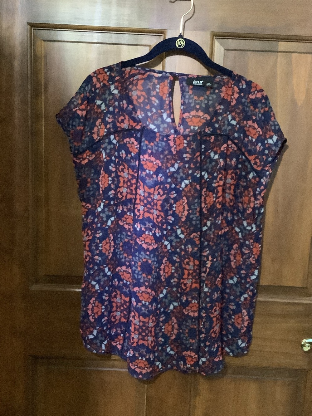 a.n.a Navy Blouse with Coral / Red Floral Print
